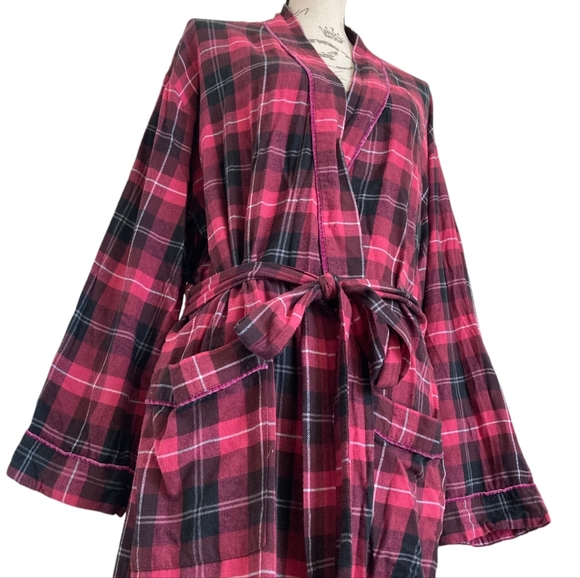 SOLD Eileen West plaid tartan black Pink Christmas long Robe cotton Classic L - Picture 7 of 17